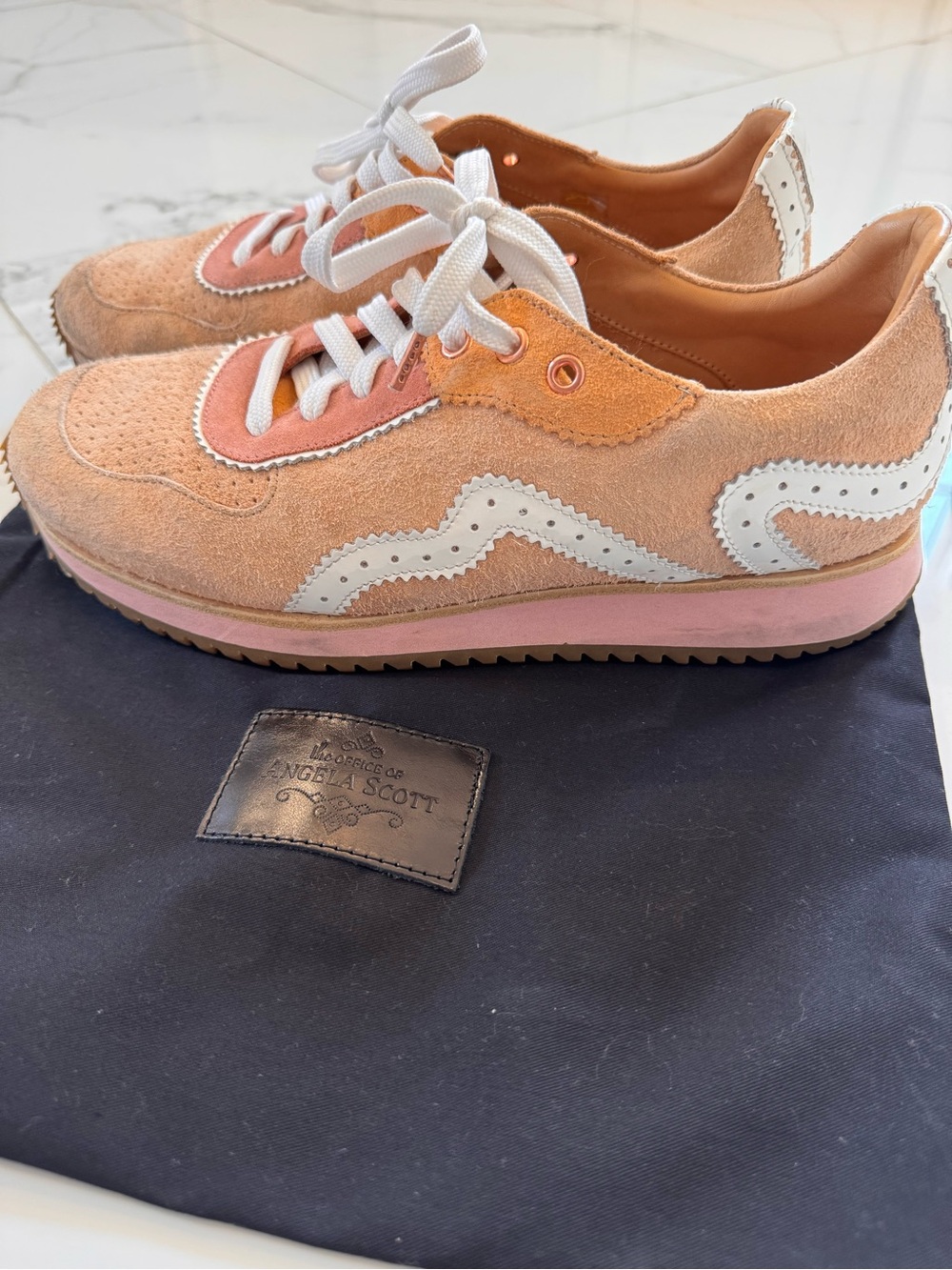 Office of Angela Scott Remi Sneaker Suede, Peach and Tan - Picture 2 of 10